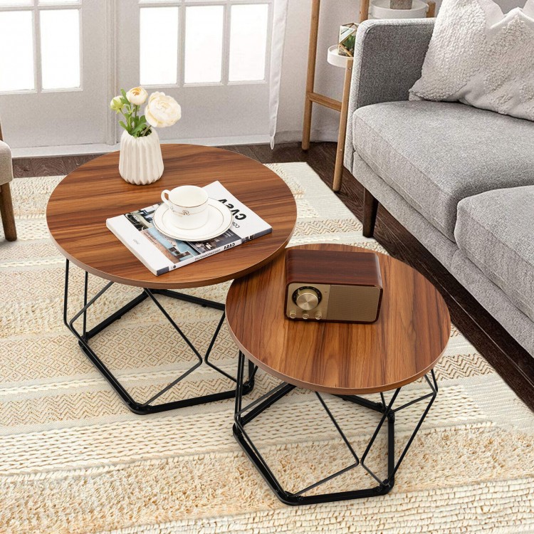 Set of 2 modern round coffee tables in rustic brown with pentagonal steel bases, ideal for living room use.
